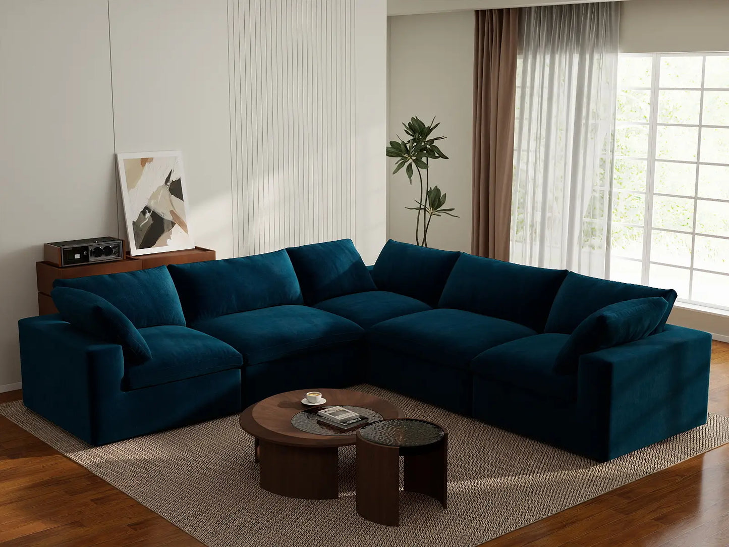 Deluxe Cloud 5-Seater V-Shaped Sectional in Dark Blue Velvet | 5-Piece, Living Room Seating, Easy To Clean, Large Space