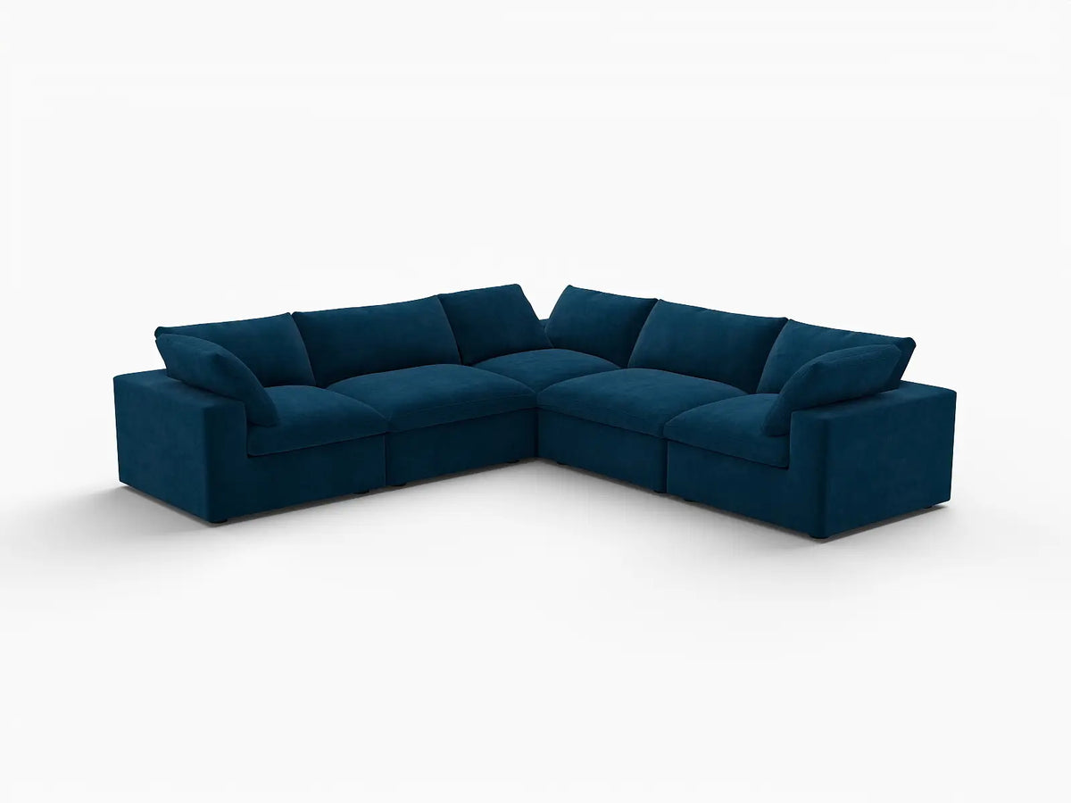 Deluxe Cloud 5-Seater V-Shaped Sectional in Dark Blue Velvet | 5-Piece, Living Room Seating, Easy To Clean, Large Space