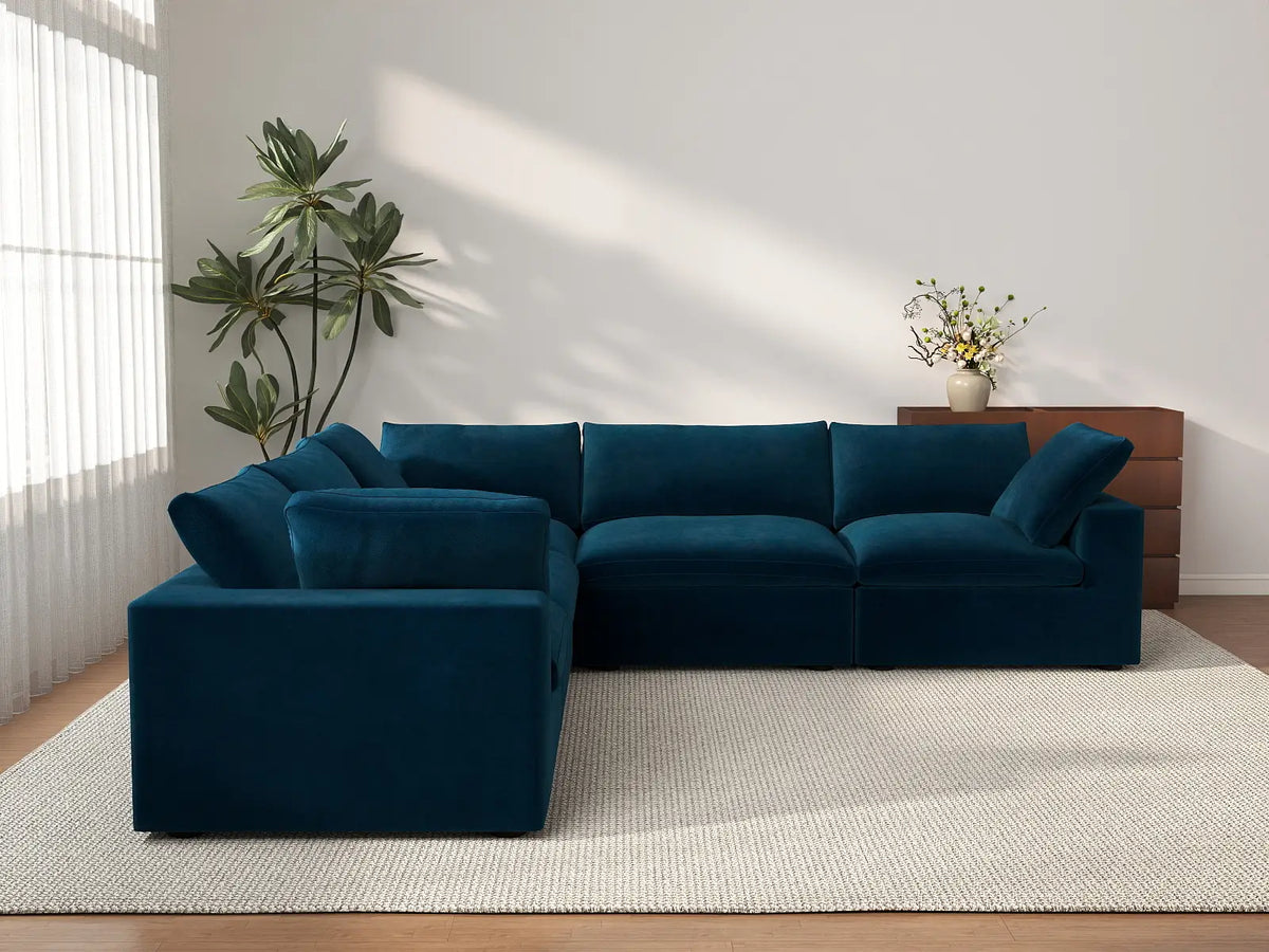 Deluxe Cloud 5-Seater V-Shaped Sectional in Dark Blue Velvet | 5-Piece, Living Room Seating, Easy To Clean, Large Space