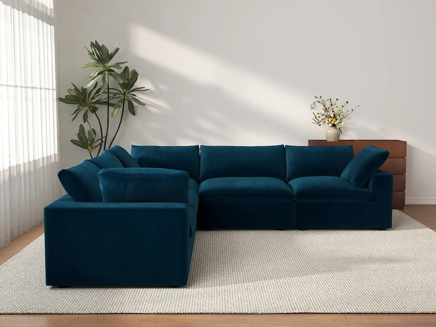 Deluxe Cloud 5-Seater V-Shaped Sectional in Dark Blue Velvet | 5-Piece, Living Room Seating, Easy To Clean, Large Space