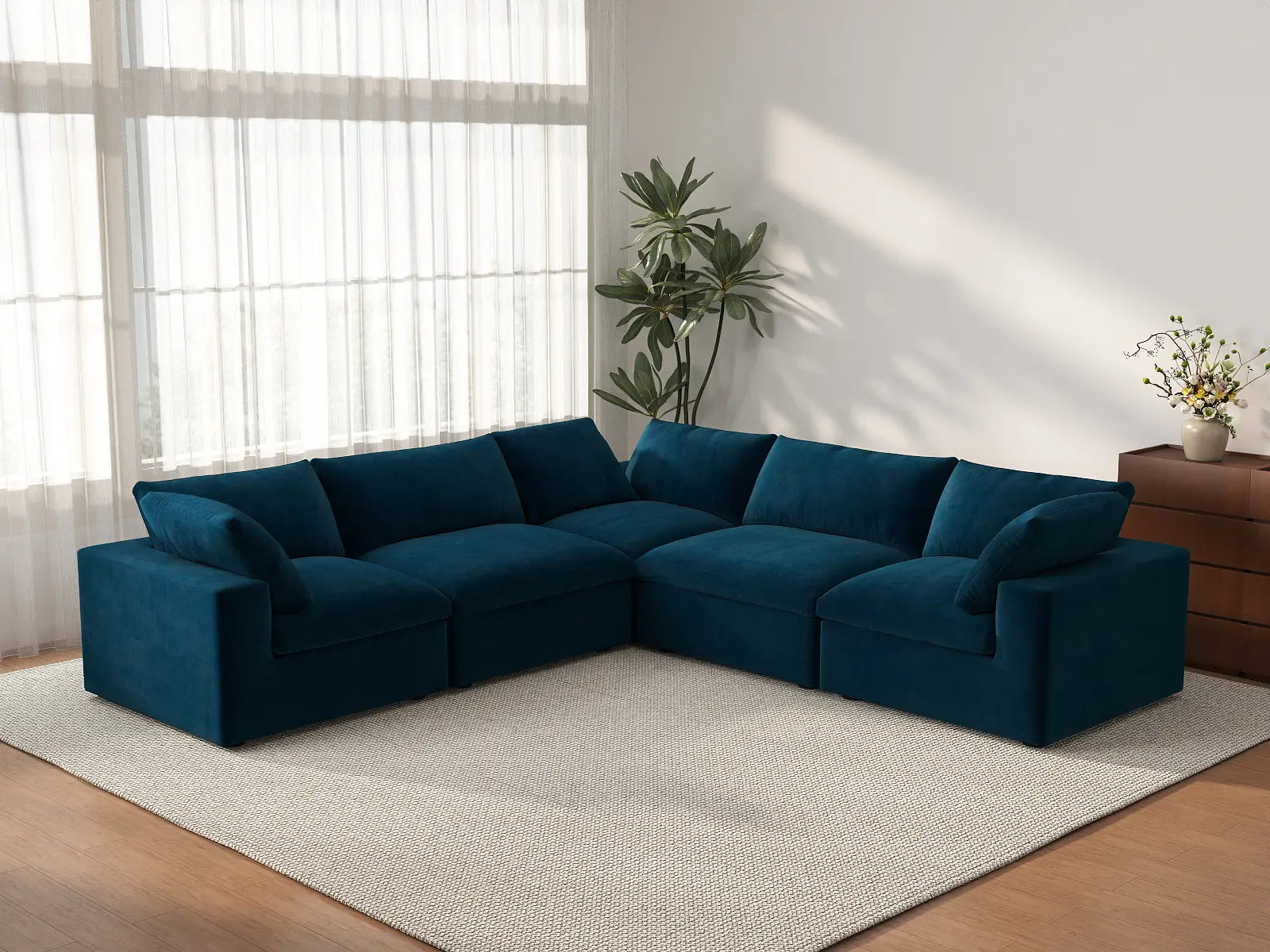 Deluxe Cloud 5-Seater V-Shaped Sectional in Dark Blue Velvet | 5-Piece, Living Room Seating, Easy To Clean, Large Space