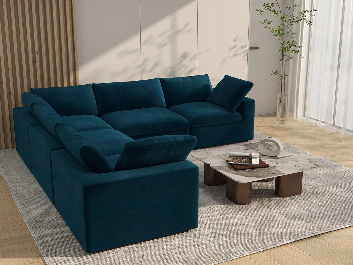 Deluxe Cloud 5-Seater V-Shaped Sectional in Dark Blue Velvet | 5-Piece, Living Room Seating, Easy To Clean, Large Space