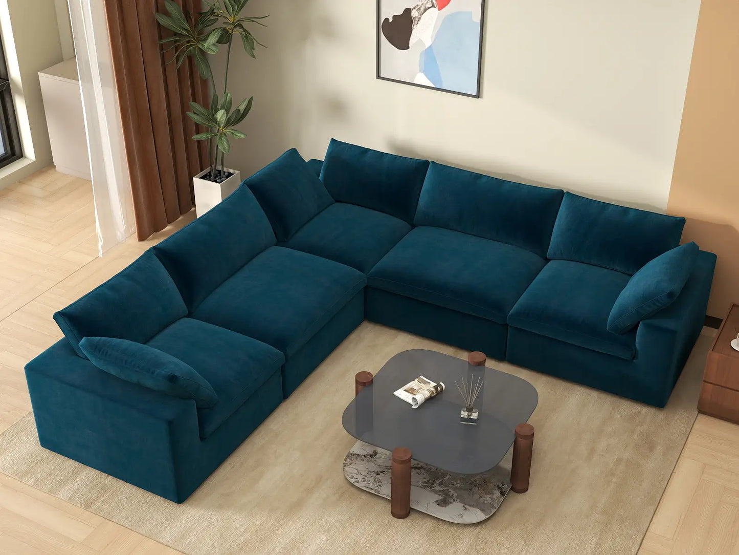 Deluxe Cloud 5-Seater V-Shaped Sectional in Dark Blue Velvet | 5-Piece, Living Room Seating, Easy To Clean, Large Space