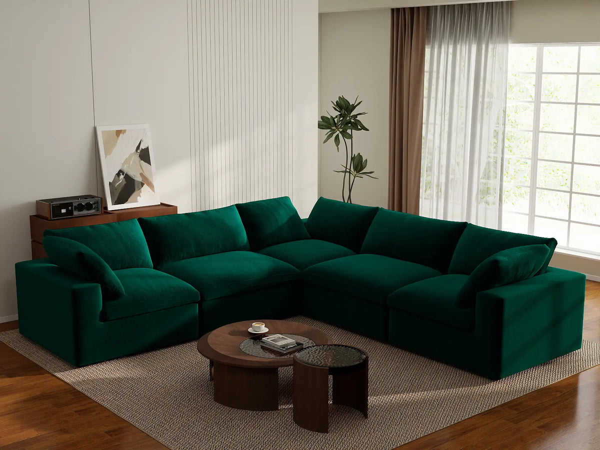 Deluxe Cloud 5-Seater V-Shaped Sectional in Gem Green Velvet | 5-Piece, Living Room Seating, Easy To Clean, Contemporary Style