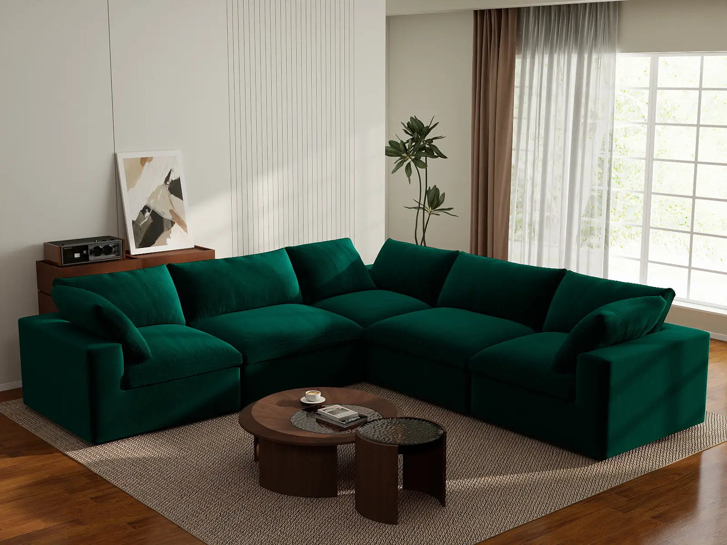 Deluxe Cloud 5-Seater V-Shaped Sectional in Gem Green Velvet | 5-Piece, Living Room Seating, Easy To Clean, Contemporary Style