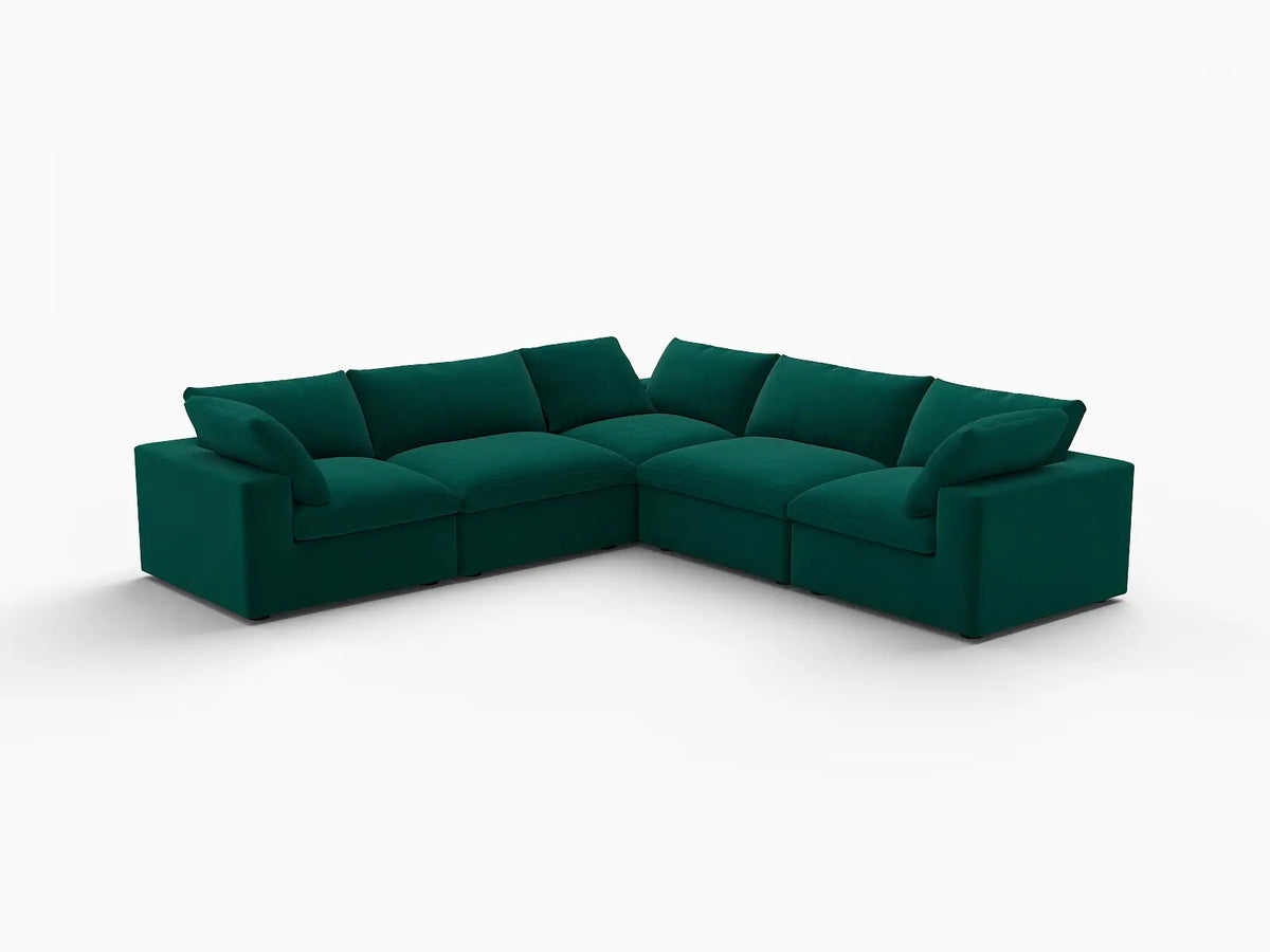 Deluxe Cloud 5-Seater V-Shaped Sectional in Gem Green Velvet | 5-Piece, Living Room Seating, Easy To Clean, Contemporary Style