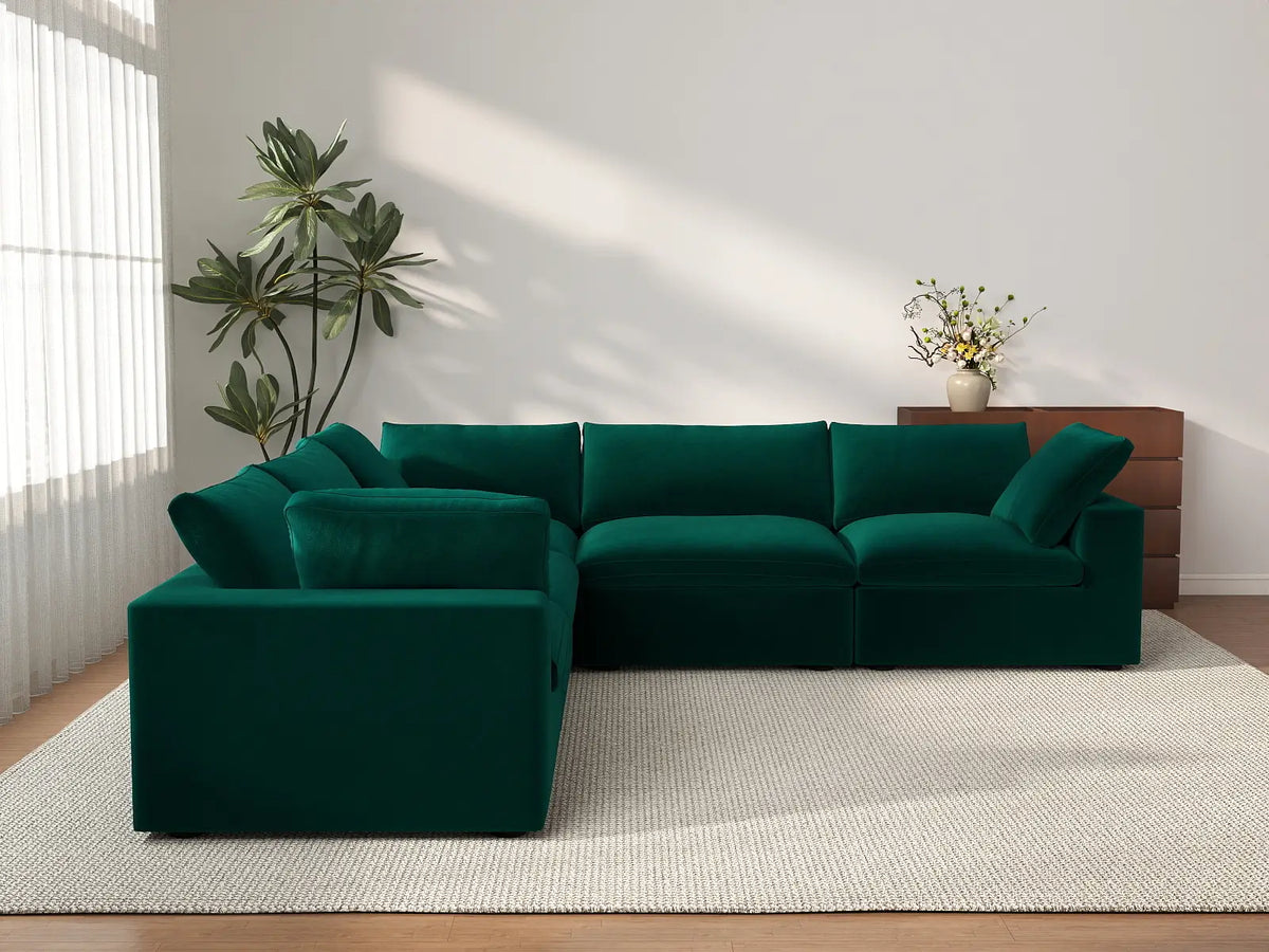Deluxe Cloud 5-Seater V-Shaped Sectional in Gem Green Velvet | 5-Piece, Living Room Seating, Easy To Clean, Contemporary Style