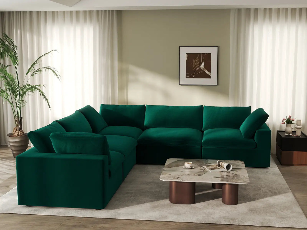 Deluxe Cloud 5-Seater V-Shaped Sectional in Gem Green Velvet | 5-Piece, Living Room Seating, Easy To Clean, Contemporary Style