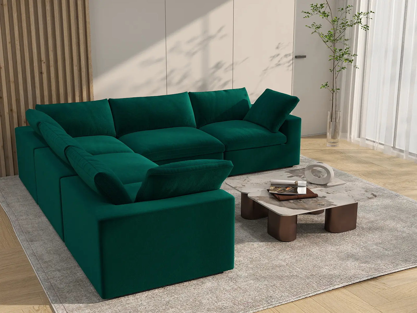 Deluxe Cloud 5-Seater V-Shaped Sectional in Gem Green Velvet | 5-Piece, Living Room Seating, Easy To Clean, Contemporary Style