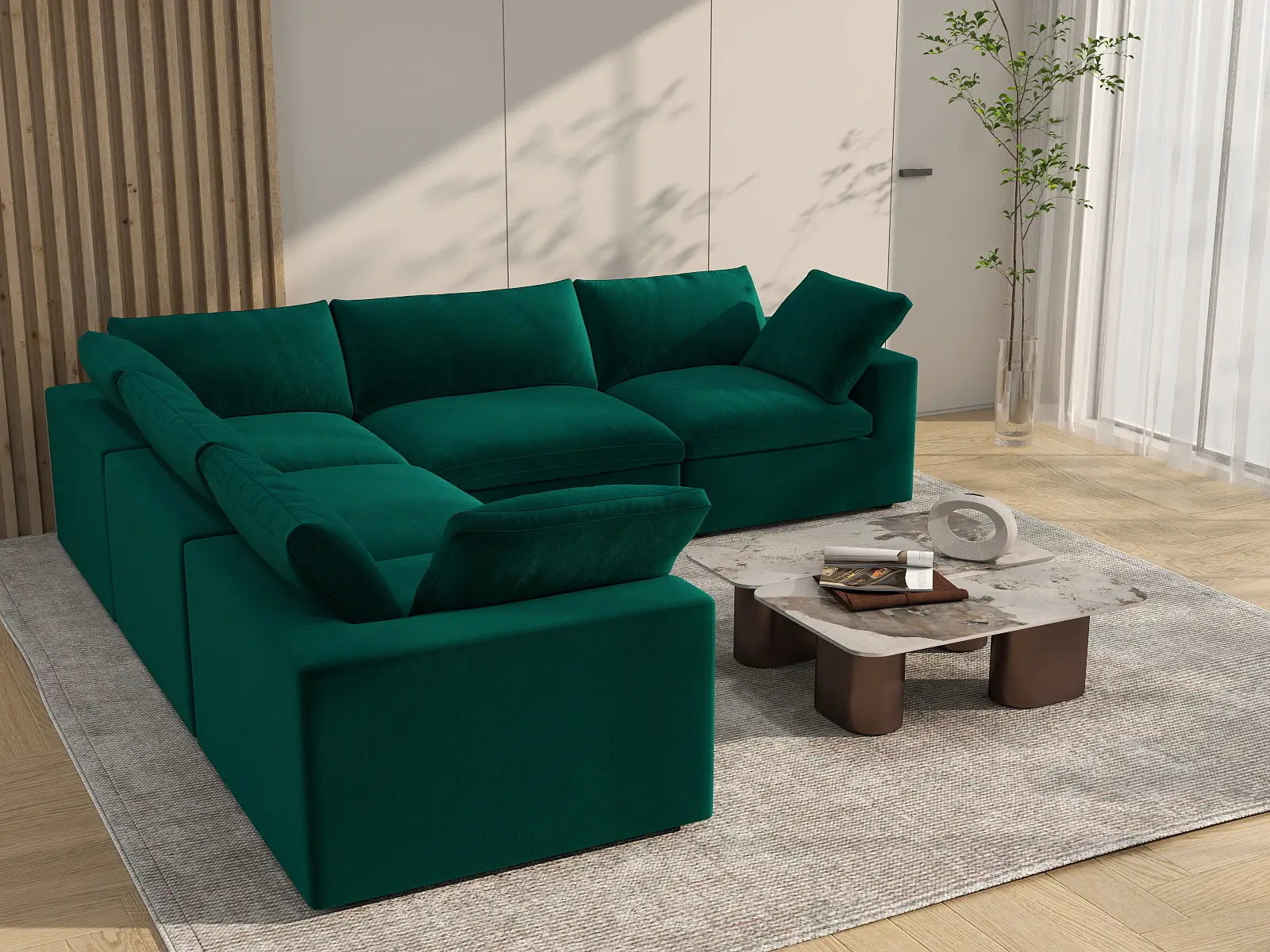 Deluxe Cloud 5-Seater V-Shaped Sectional in Gem Green Velvet | 5-Piece, Living Room Seating, Easy To Clean, Contemporary Style