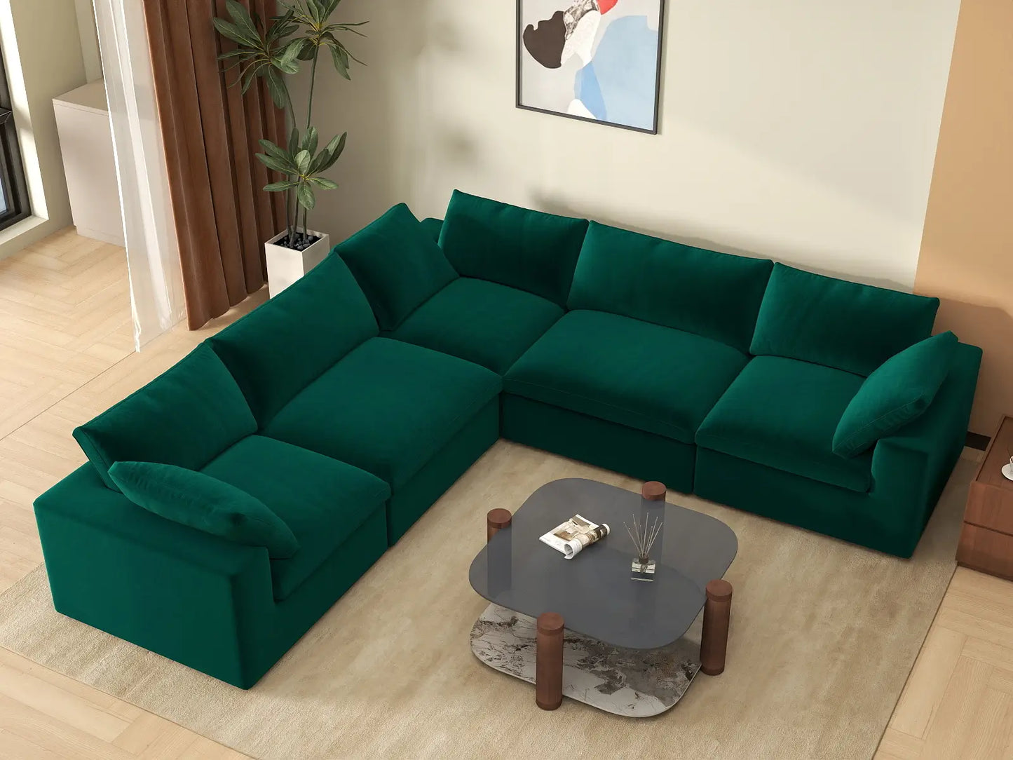 Deluxe Cloud 5-Seater V-Shaped Sectional in Gem Green Velvet | 5-Piece, Living Room Seating, Easy To Clean, Contemporary Style