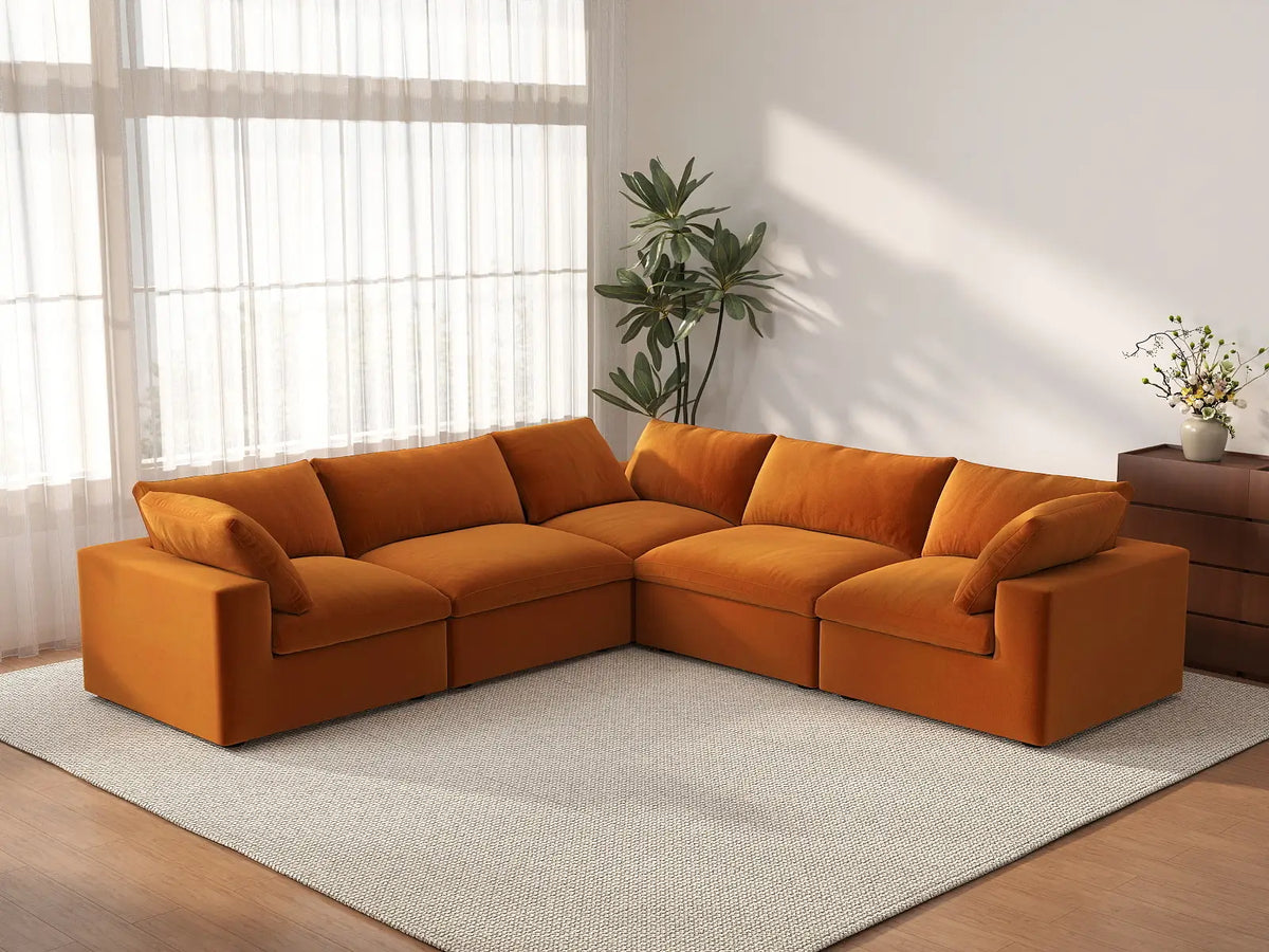 Deluxe Cloud 5-Seater V-Shaped Sectional in Terracotta Velvet | 5-Piece, Living Room Seating, Easy To Clean, Stylish Design