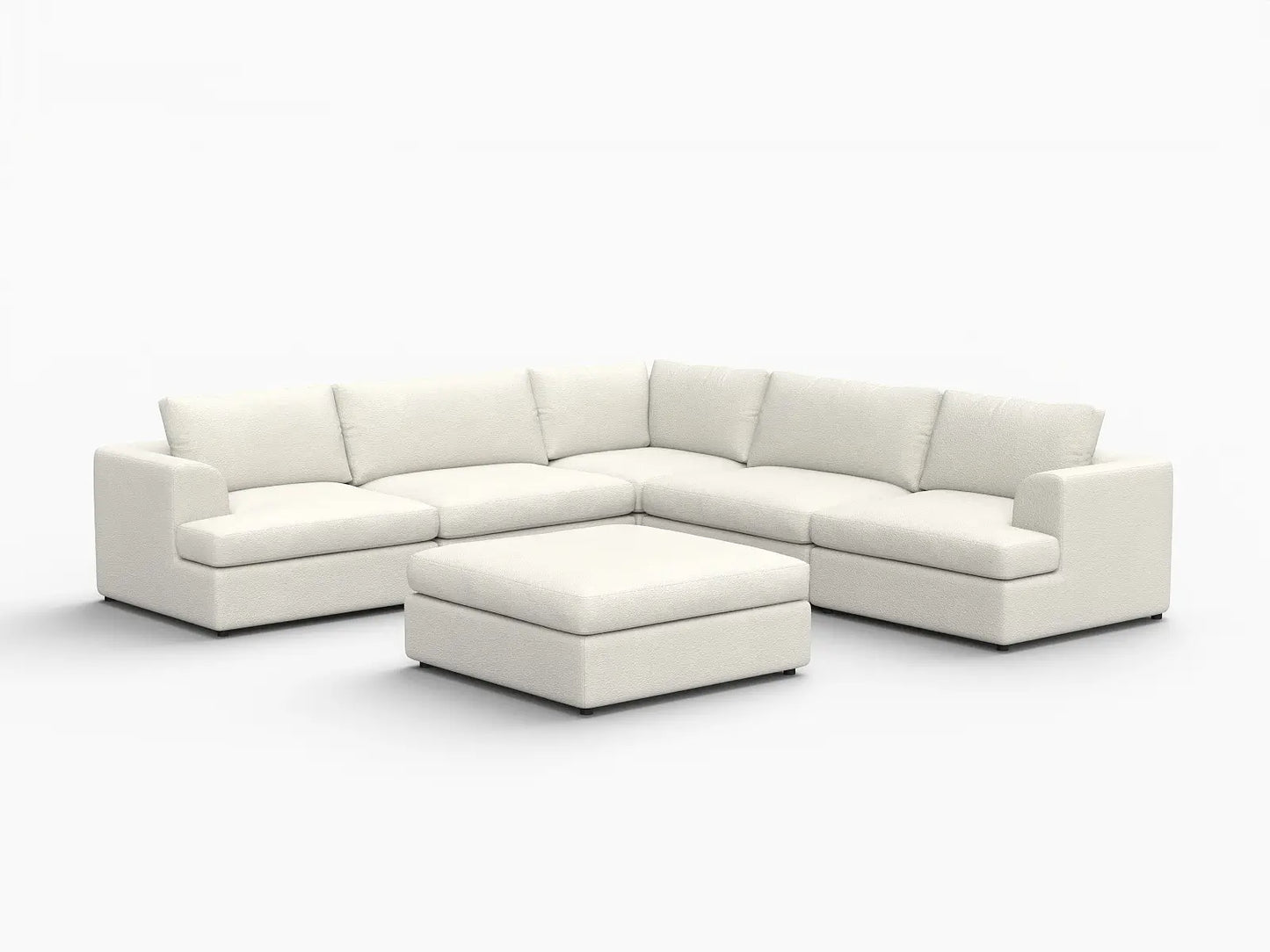 Deluxe Cloud 5-Seater White Large Space Sofa Set | 6-Piece (Includes 1 Ottoman), Bouclé Sherpa-Like Fabric, Easy To Clean
