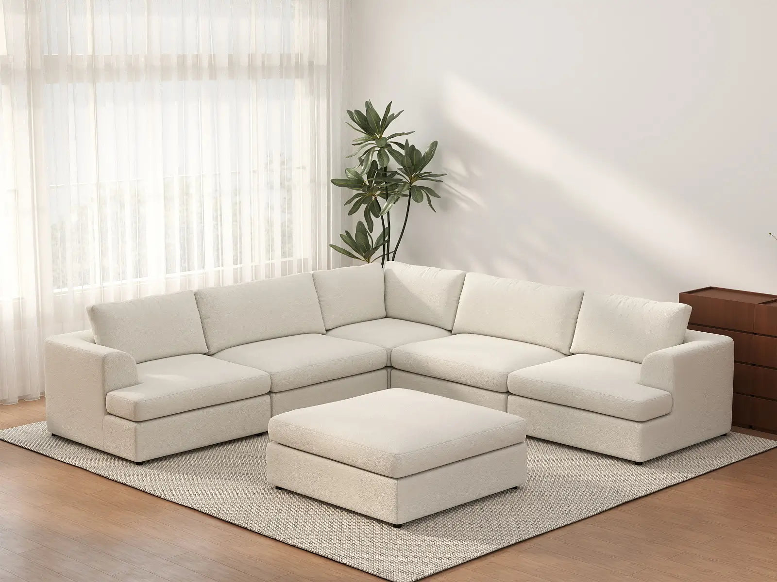 Deluxe Cloud 5-Seater White Large Space Sofa Set | 6-Piece (Includes 1 Ottoman), Bouclé Sherpa-Like Fabric, Easy To Clean