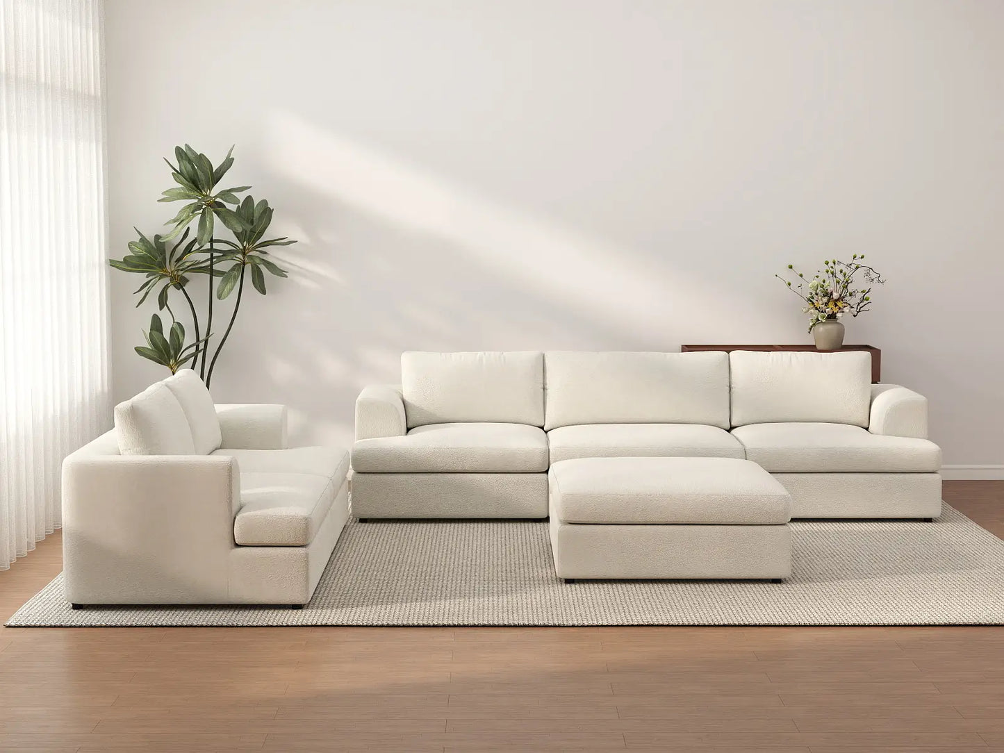 Deluxe Cloud 5-Seater White Large Space Sofa Set | 6-Piece (Includes 1 Ottoman), Bouclé Sherpa-Like Fabric, Easy To Clean