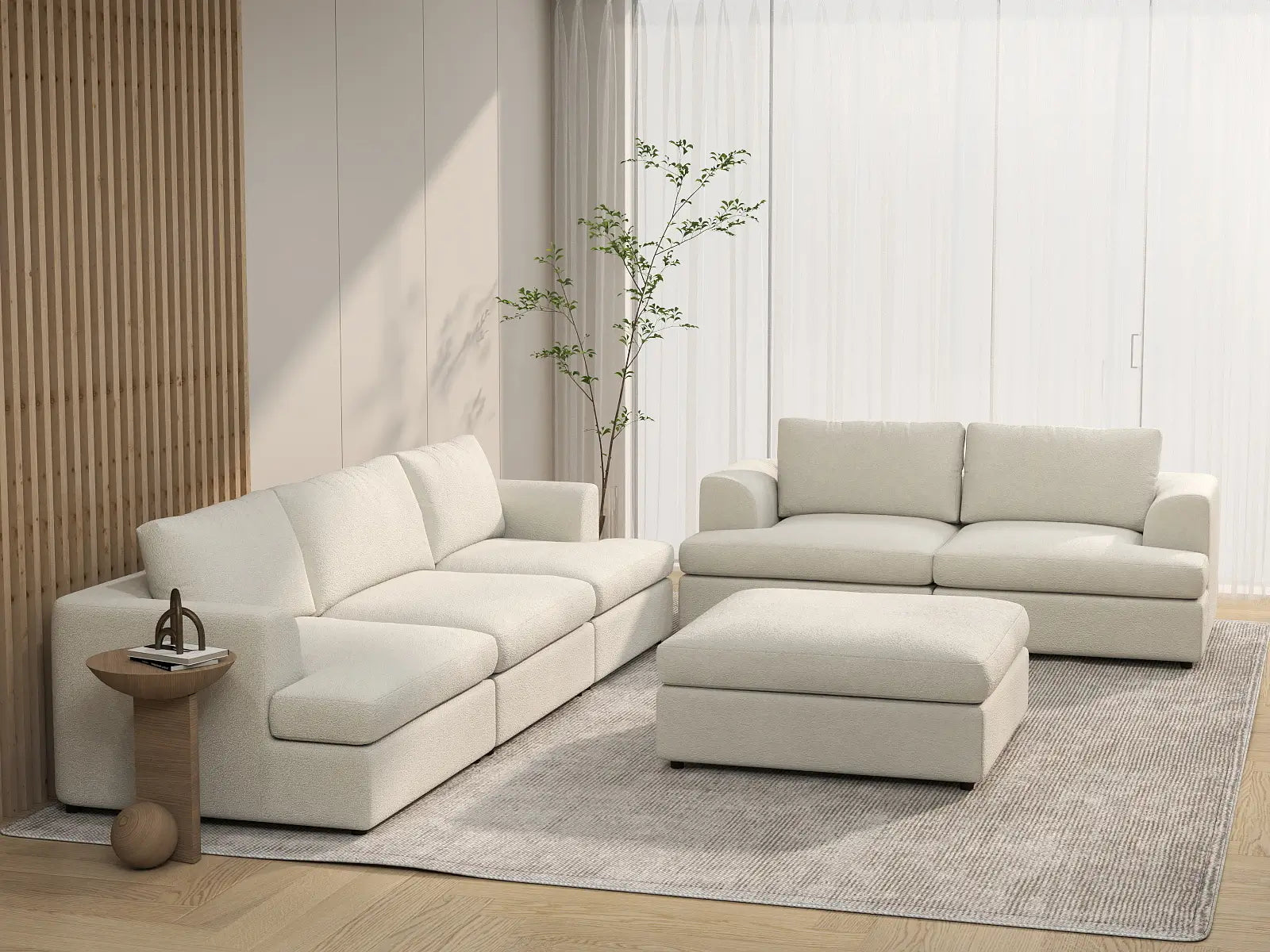 Deluxe Cloud 5-Seater White Large Space Sofa Set | 6-Piece (Includes 1 Ottoman), Bouclé Sherpa-Like Fabric, Easy To Clean
