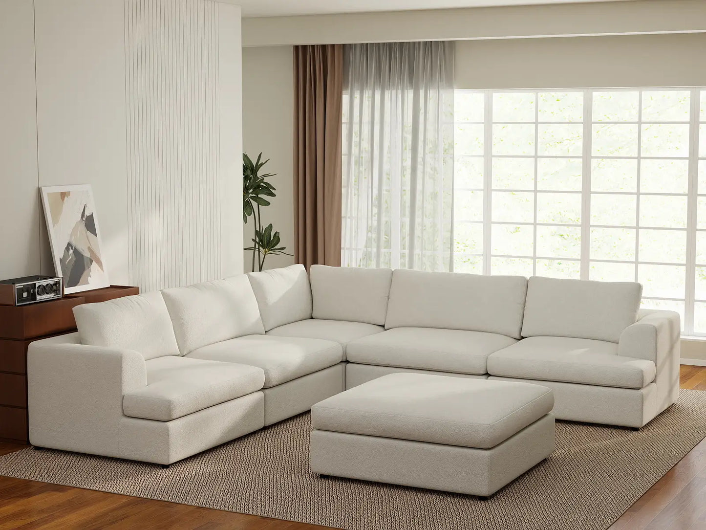 Deluxe Cloud 5-Seater White Large Space Sofa Set | 6-Piece (Includes 1 Ottoman), Bouclé Sherpa-Like Fabric, Easy To Clean