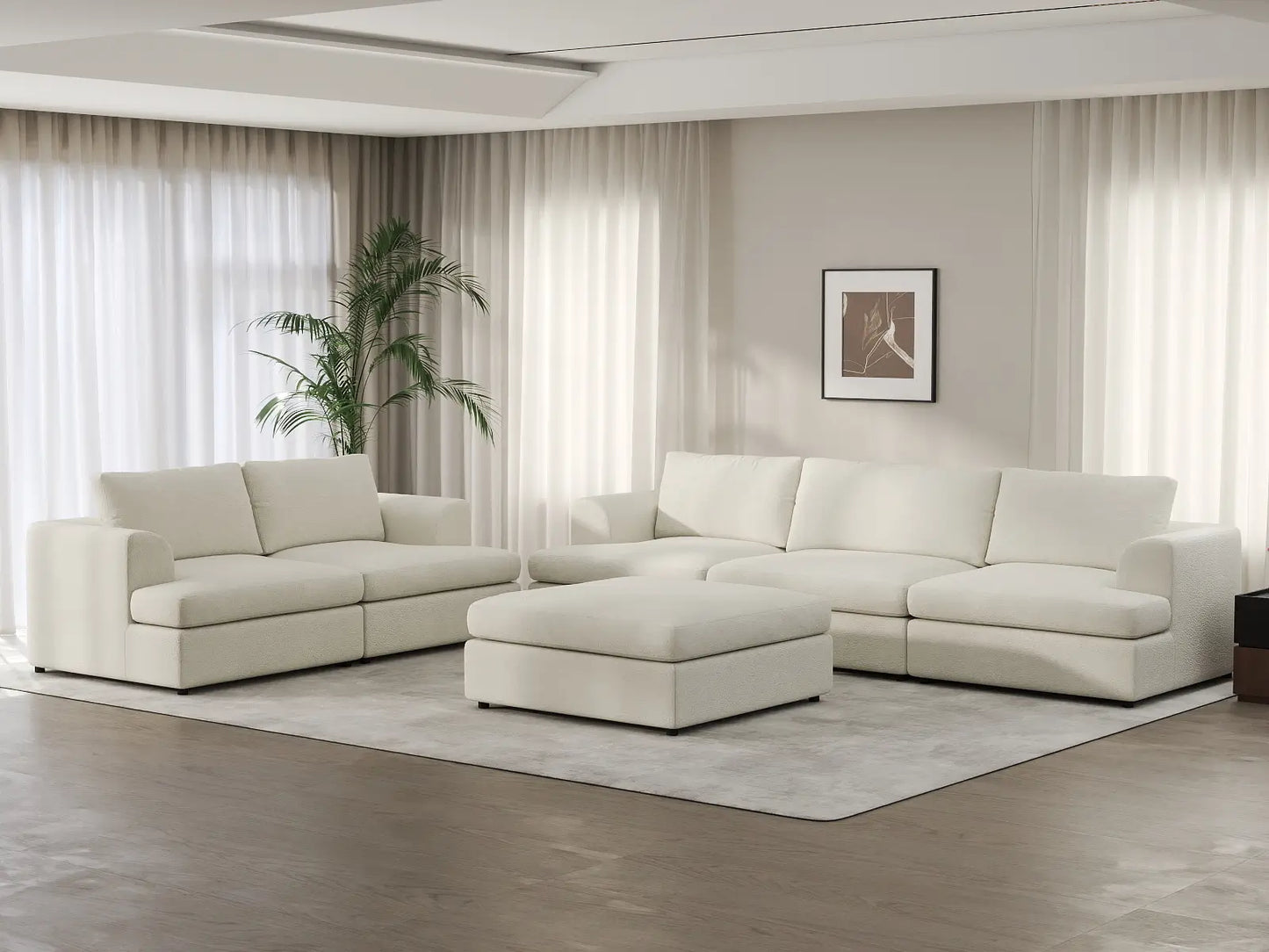 Deluxe Cloud 5-Seater White Large Space Sofa Set | 6-Piece (Includes 1 Ottoman), Bouclé Sherpa-Like Fabric, Easy To Clean