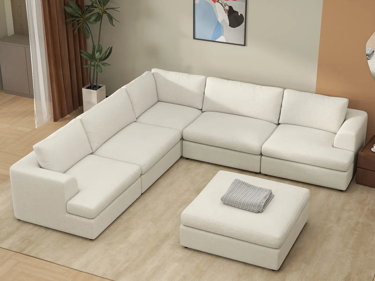 Deluxe Cloud 5-Seater White Large Space Sofa Set | 6-Piece (Includes 1 Ottoman), Bouclé Sherpa-Like Fabric, Easy To Clean