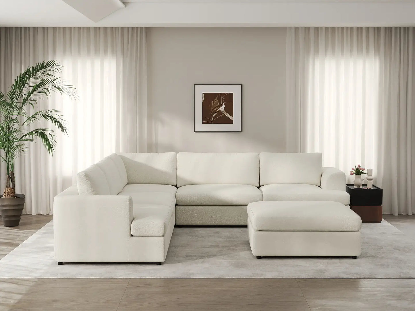 Deluxe Cloud 5-Seater White Large Space Sofa Set | 6-Piece (Includes 1 Ottoman), Bouclé Sherpa-Like Fabric, Easy To Clean