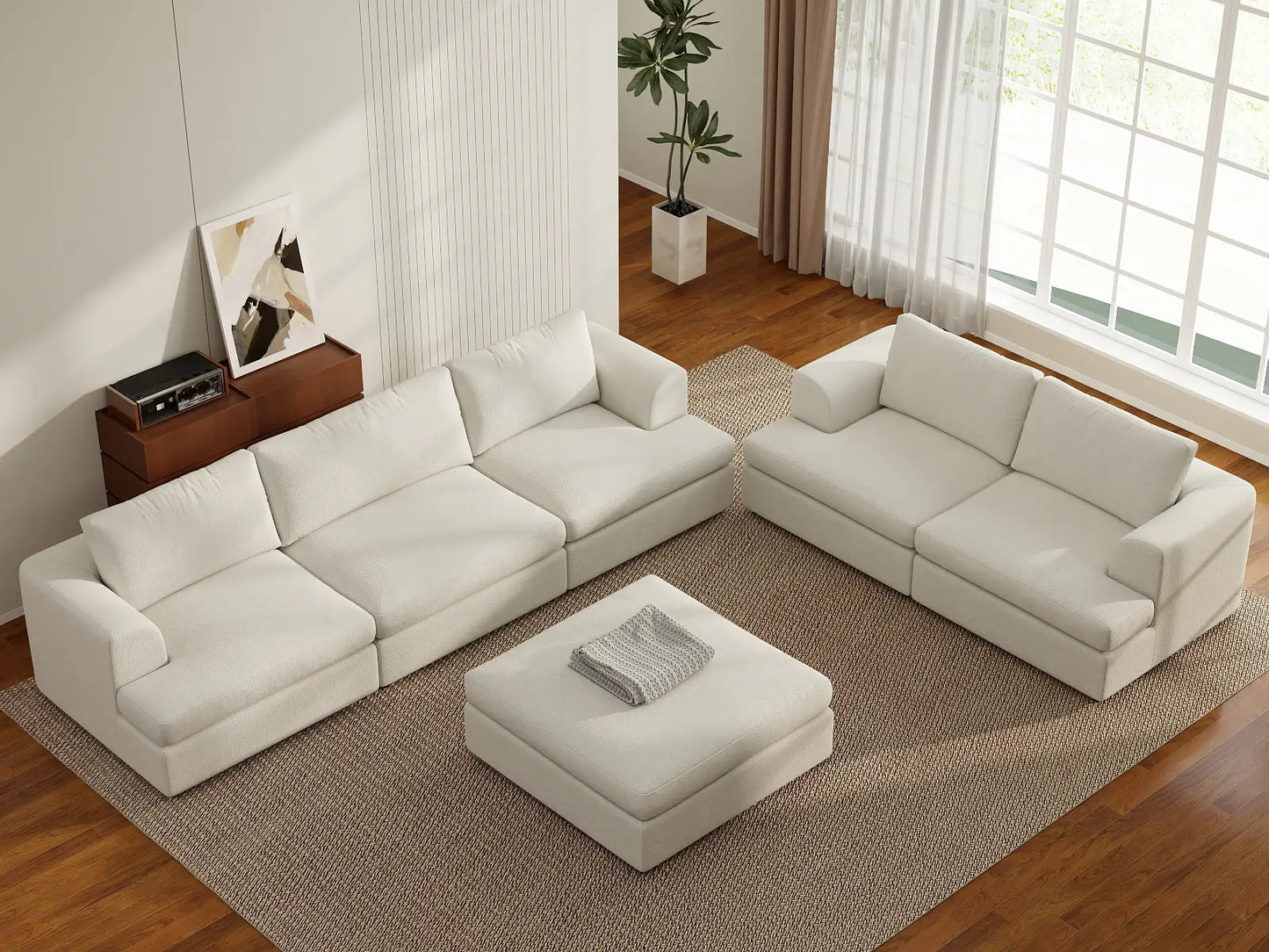 Deluxe Cloud 5-Seater White Large Space Sofa Set | 6-Piece (Includes 1 Ottoman), Bouclé Sherpa-Like Fabric, Easy To Clean