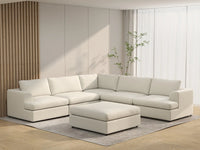 Deluxe Cloud 5-Seater White Large Space Sofa Set | 6-Piece (Includes 1 Ottoman), Bouclé Sherpa-Like Fabric, Easy To Clean