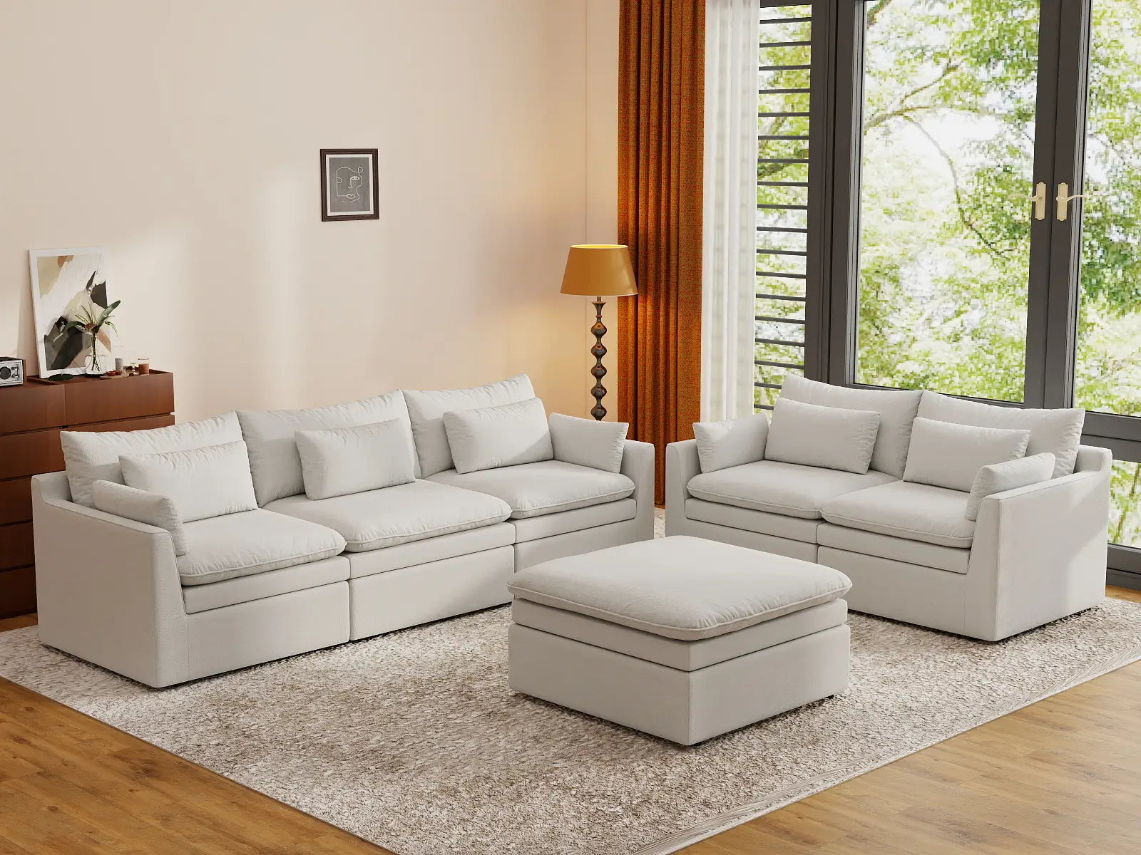 Deluxe Cloud 5-Seater White Large Space Sofa Set | 6-Piece (Includes 1 Ottoman), Linen Look Poly Fabric, Easy To Clean