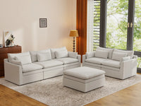 Deluxe Cloud 5-Seater White Large Space Sofa Set | 6-Piece (Includes 1 Ottoman), Linen Look Poly Fabric, Easy To Clean