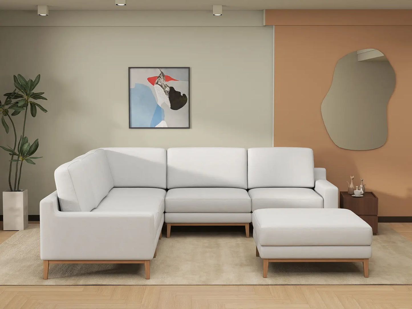 Deluxe Cloud 5-Seater White Large Space Sofa Set | 6-Piece (Includes 1 Ottoman), Linen Look Poly Fabric, Easy To Clean