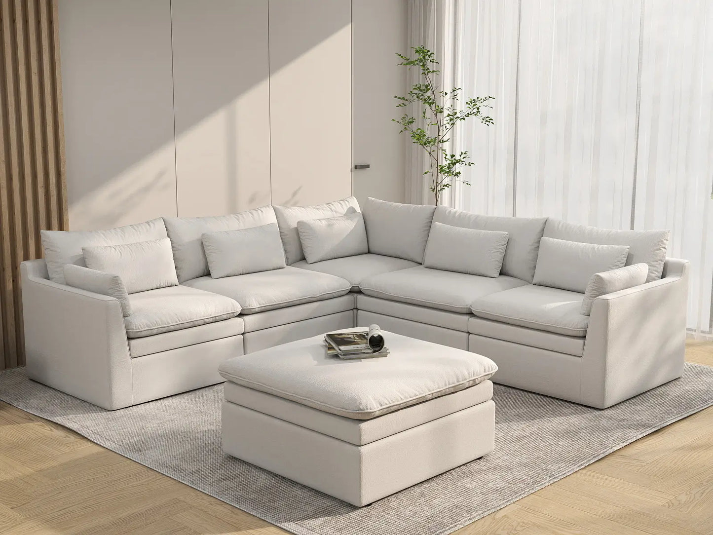 Deluxe Cloud 5-Seater White Large Space Sofa Set | 6-Piece (Includes 1 Ottoman), Linen Look Poly Fabric, Easy To Clean
