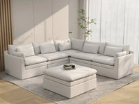 Deluxe Cloud 5-Seater White Large Space Sofa Set | 6-Piece (Includes 1 Ottoman), Linen Look Poly Fabric, Easy To Clean