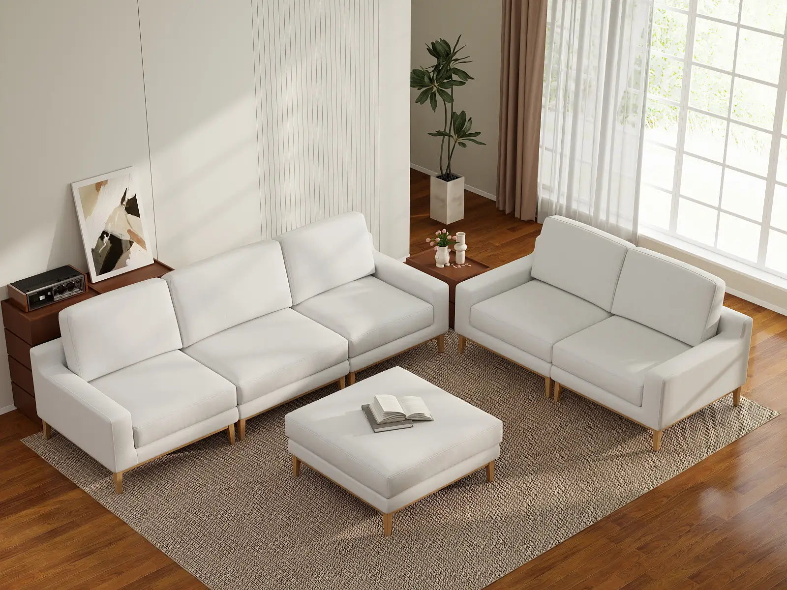 Deluxe Cloud 5-Seater White Large Space Sofa Set | 6-Piece (Includes 1 Ottoman), Linen Look Poly Fabric, Easy To Clean