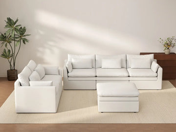 Deluxe Cloud 5-Seater White Large Space Sofa Set | 6-Piece (Includes 1 Ottoman), Linen Look Poly Fabric, Easy To Clean