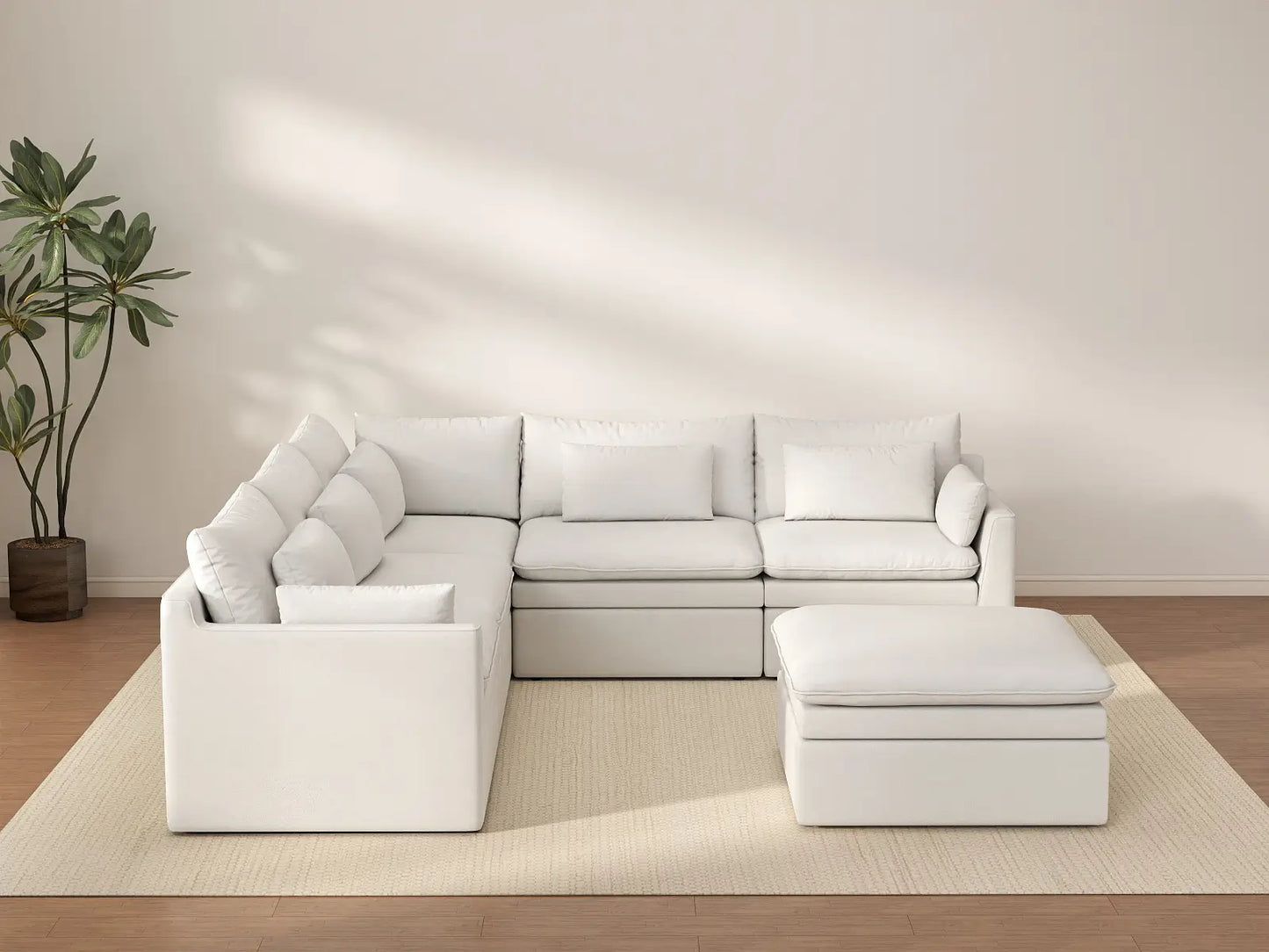 Deluxe Cloud 5-Seater White Large Space Sofa Set | 6-Piece (Includes 1 Ottoman), Linen Look Poly Fabric, Easy To Clean