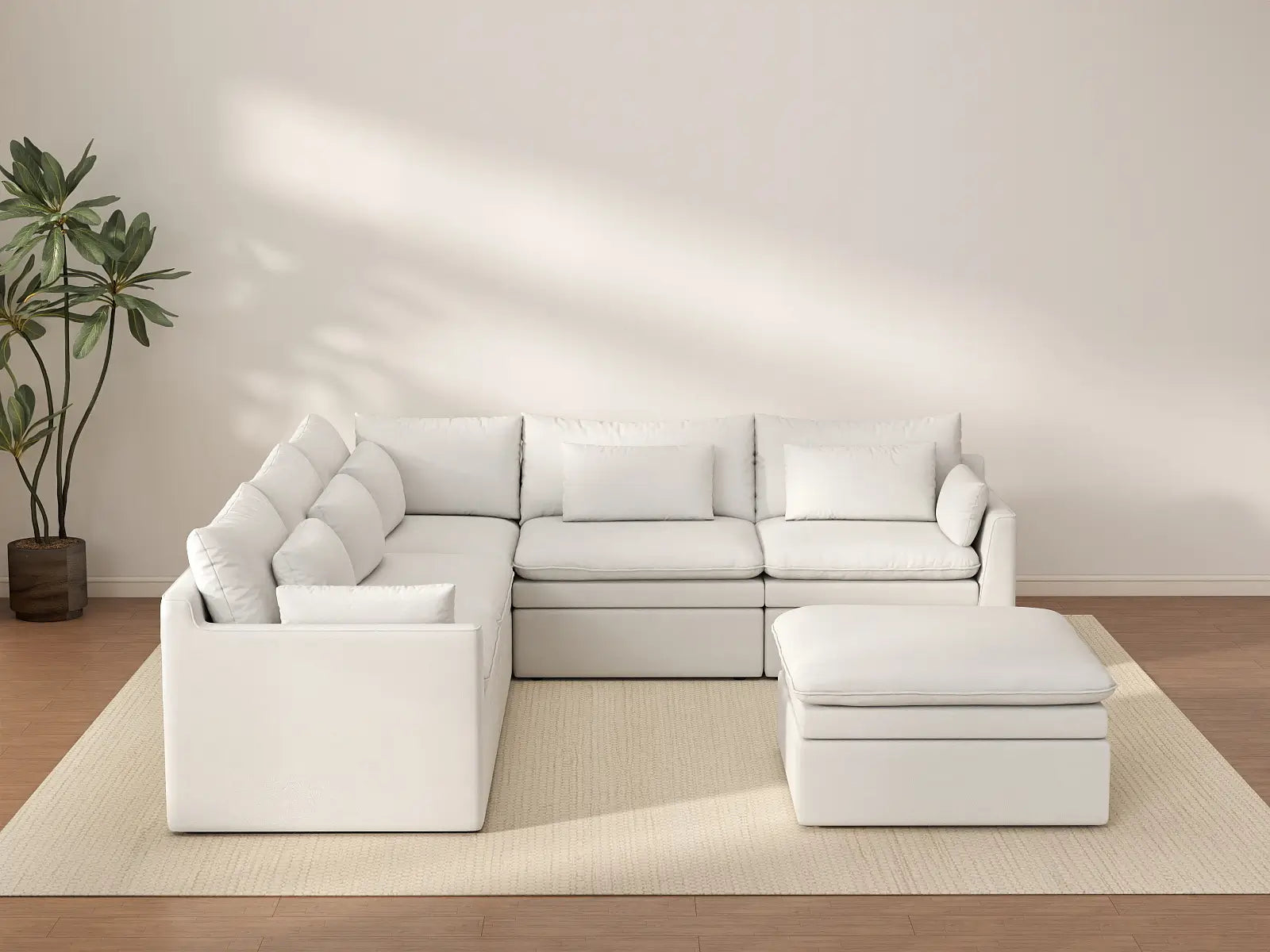 Deluxe Cloud 5-Seater White Large Space Sofa Set | 6-Piece (Includes 1 Ottoman), Linen Look Poly Fabric, Easy To Clean