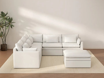 Deluxe Cloud 5-Seater White Large Space Sofa Set | 6-Piece (Includes 1 Ottoman), Linen Look Poly Fabric, Easy To Clean
