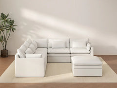 Deluxe Cloud 5-Seater White Large Space Sofa Set | 6-Piece (Includes 1 Ottoman), Linen Look Poly Fabric, Easy To Clean