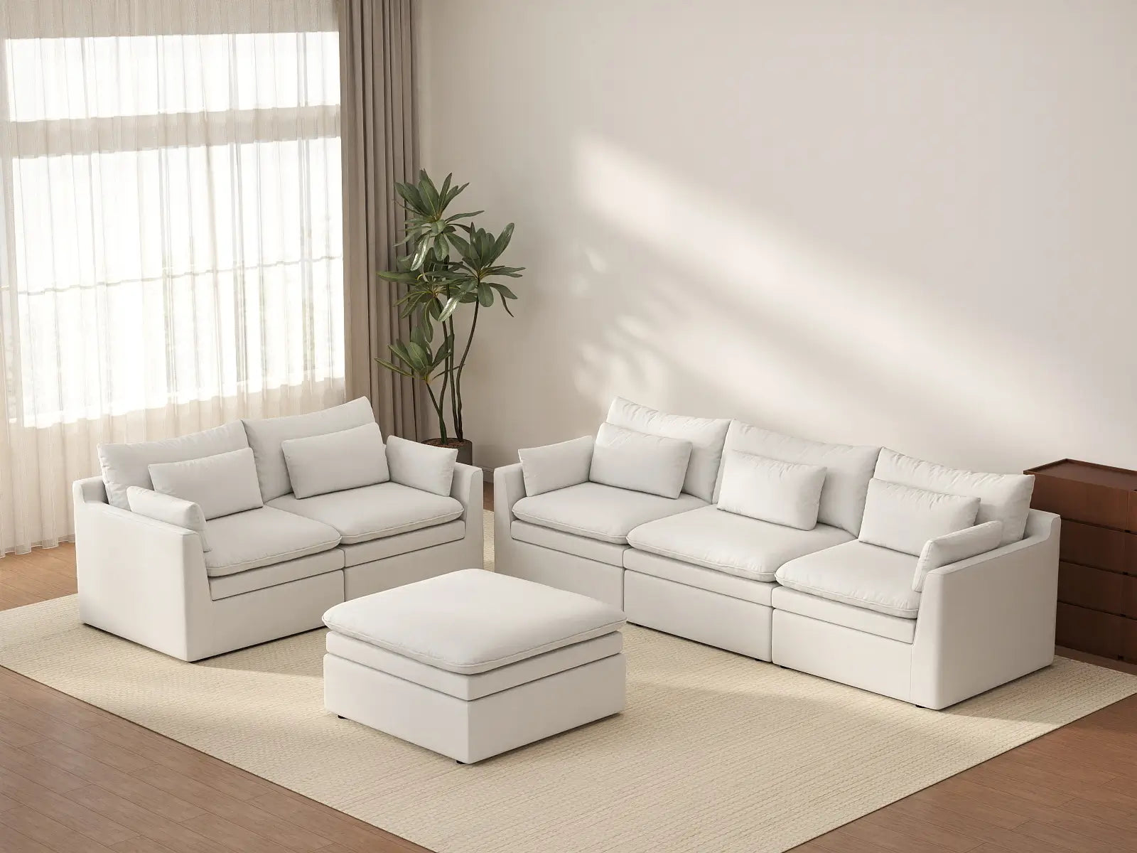 Deluxe Cloud 5-Seater White Large Space Sofa Set | 6-Piece (Includes 1 Ottoman), Linen Look Poly Fabric, Easy To Clean