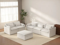 Deluxe Cloud 5-Seater White Large Space Sofa Set | 6-Piece (Includes 1 Ottoman), Linen Look Poly Fabric, Easy To Clean