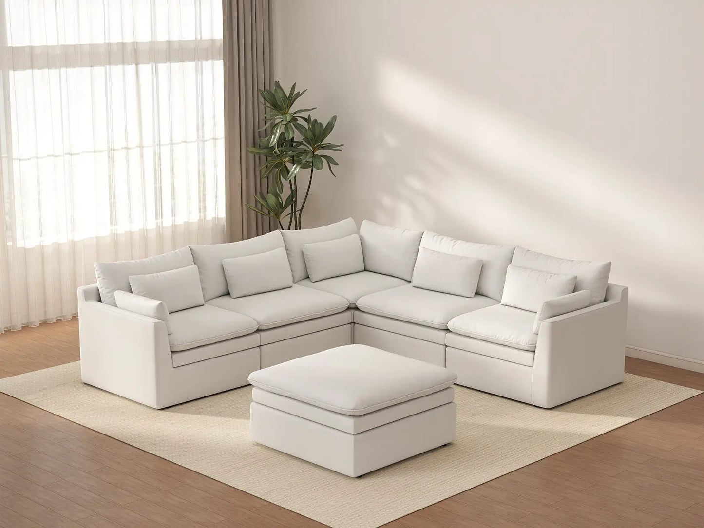 Deluxe Cloud 5-Seater White Large Space Sofa Set | 6-Piece (Includes 1 Ottoman), Linen Look Poly Fabric, Easy To Clean
