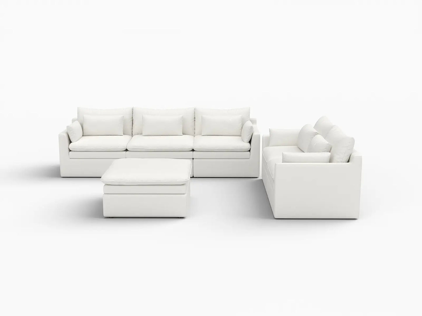 Deluxe Cloud 5-Seater White Large Space Sofa Set | 6-Piece (Includes 1 Ottoman), Linen Look Poly Fabric, Easy To Clean