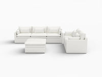 Deluxe Cloud 5-Seater White Large Space Sofa Set | 6-Piece (Includes 1 Ottoman), Linen Look Poly Fabric, Easy To Clean