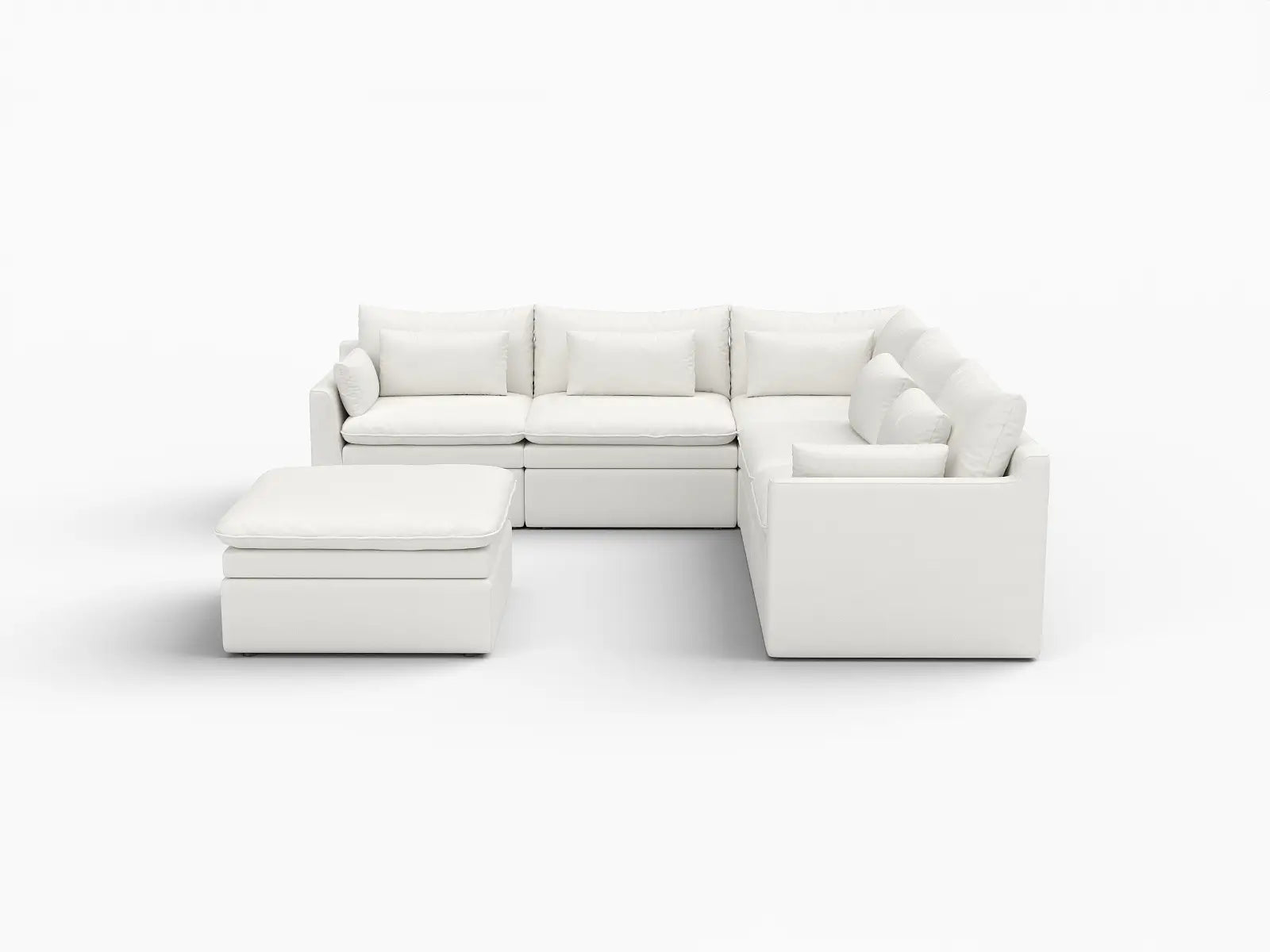Deluxe Cloud 5-Seater White Large Space Sofa Set | 6-Piece (Includes 1 Ottoman), Linen Look Poly Fabric, Easy To Clean