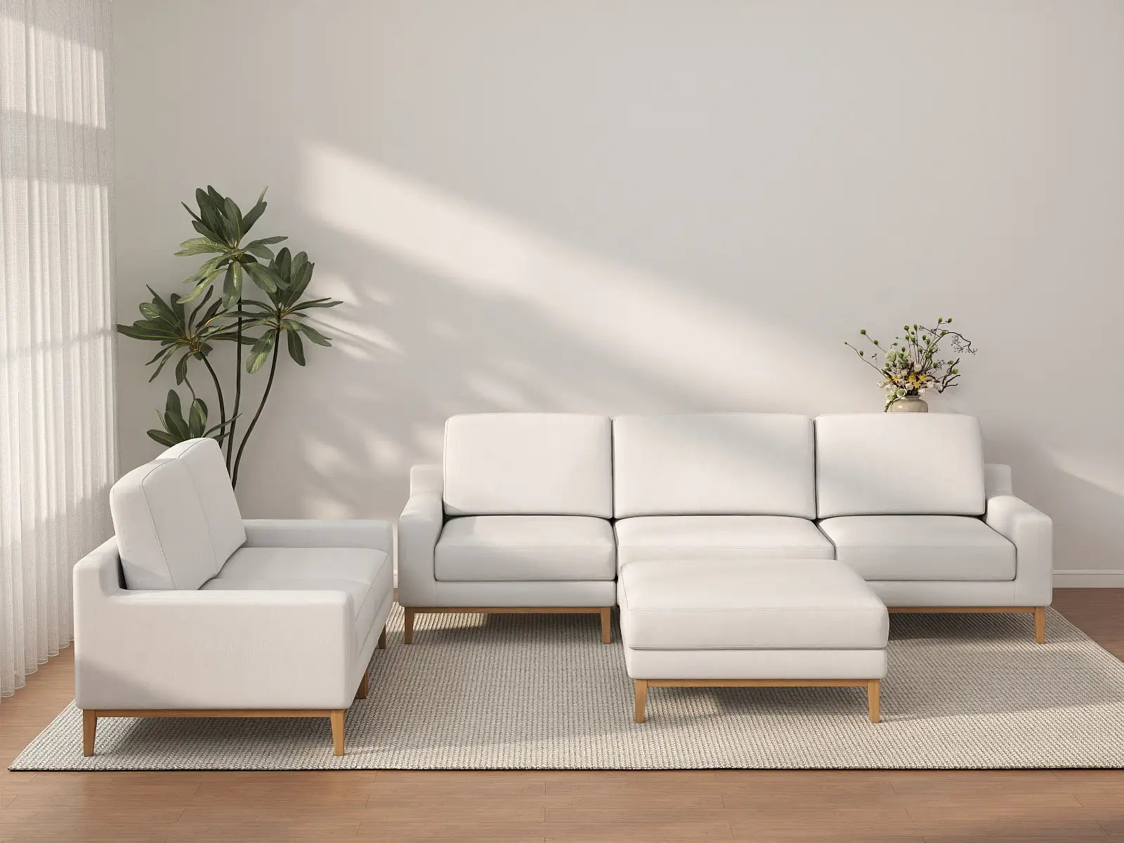Deluxe Cloud 5-Seater White Large Space Sofa Set | 6-Piece (Includes 1 Ottoman), Linen Look Poly Fabric, Easy To Clean