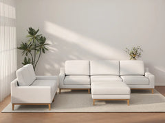 Deluxe Cloud 5-Seater White Large Space Sofa Set | 6-Piece (Includes 1 Ottoman), Linen Look Poly Fabric, Easy To Clean