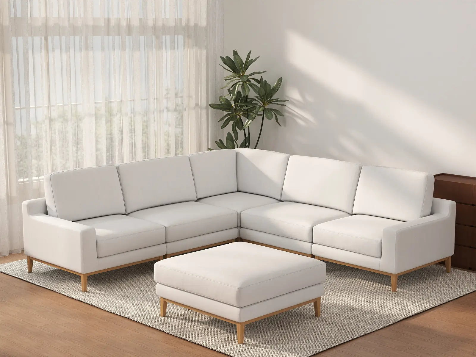 Deluxe Cloud 5-Seater White Large Space Sofa Set | 6-Piece (Includes 1 Ottoman), Linen Look Poly Fabric, Easy To Clean