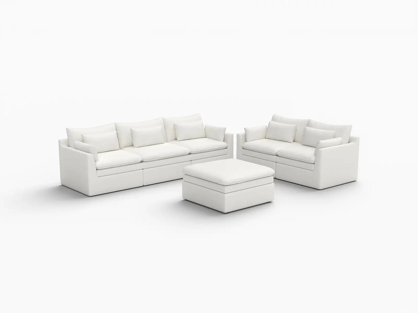 Deluxe Cloud 5-Seater White Large Space Sofa Set | 6-Piece (Includes 1 Ottoman), Linen Look Poly Fabric, Easy To Clean
