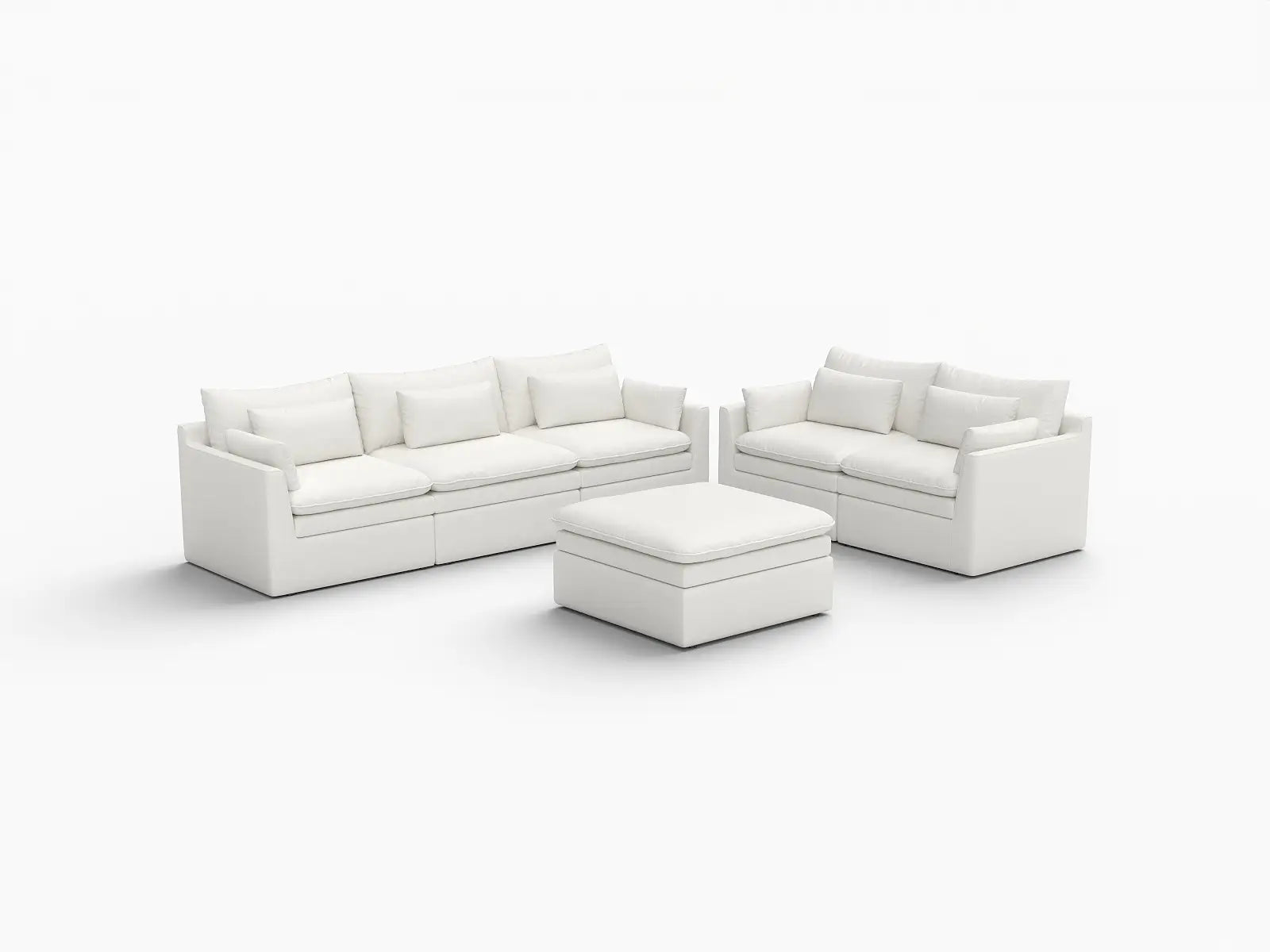 Deluxe Cloud 5-Seater White Large Space Sofa Set | 6-Piece (Includes 1 Ottoman), Linen Look Poly Fabric, Easy To Clean