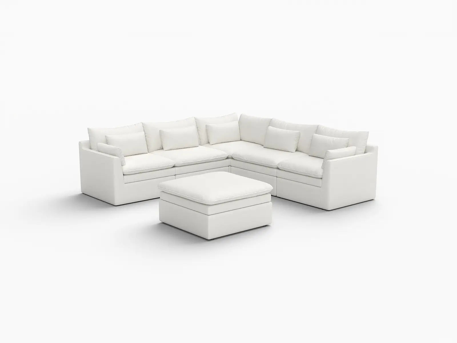 Deluxe Cloud 5-Seater White Large Space Sofa Set | 6-Piece (Includes 1 Ottoman), Linen Look Poly Fabric, Easy To Clean