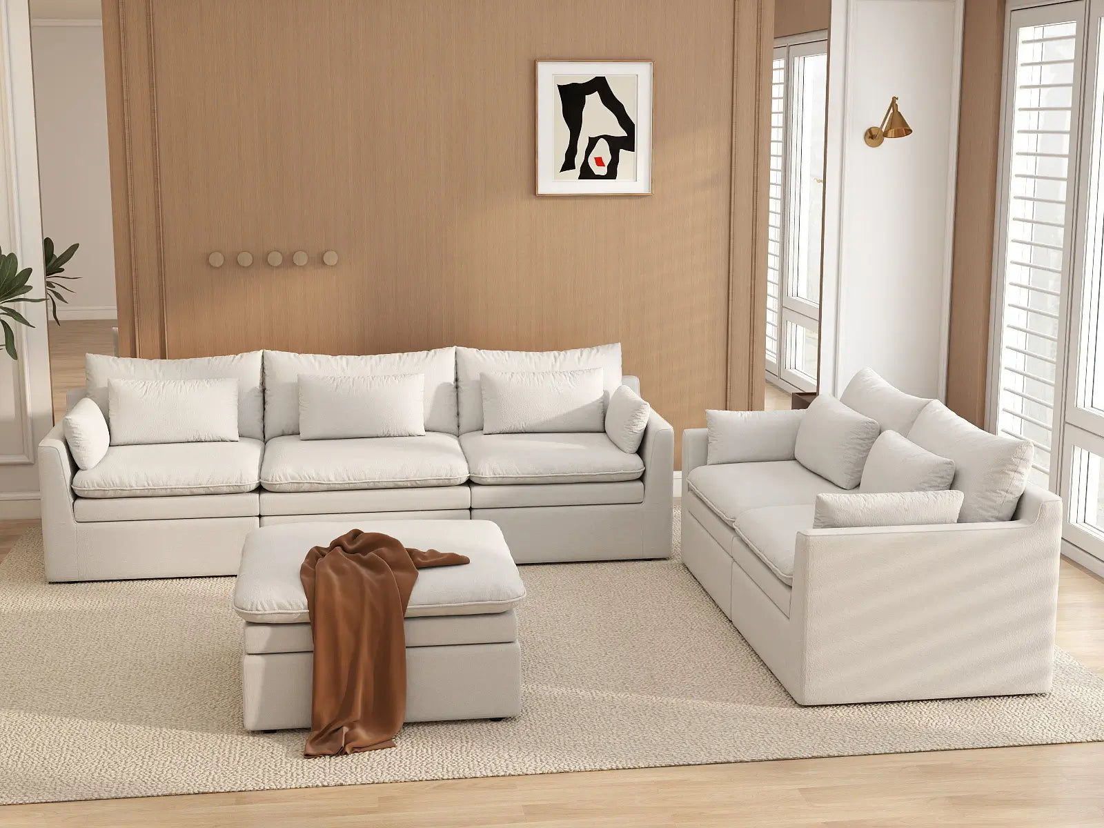 Deluxe Cloud 5-Seater White Large Space Sofa Set | 6-Piece (Includes 1 Ottoman), Linen Look Poly Fabric, Easy To Clean